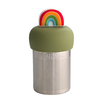 Cute rainbow tea infuser for loose leaf tea with a fine mesh stainless steel tea strainer 
that reads FLOAT2INFUSE on a green base with a white background

