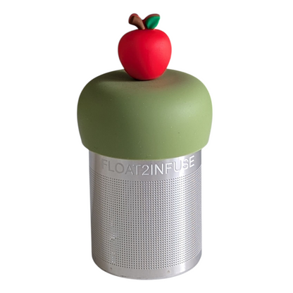 red apple tea infuser for loose leaf tea with a fine mesh stainless steel tea strainer that reads FLOAT2INFUSE on a green base with a white background