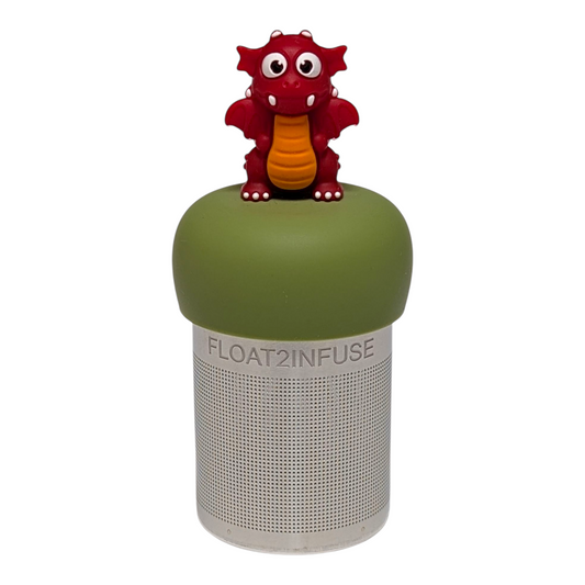red dragon tea infuser for loose leaf tea with a fine mesh stainless steel tea strainer  that reads FLOAT2INFUSE on a green base with a white background