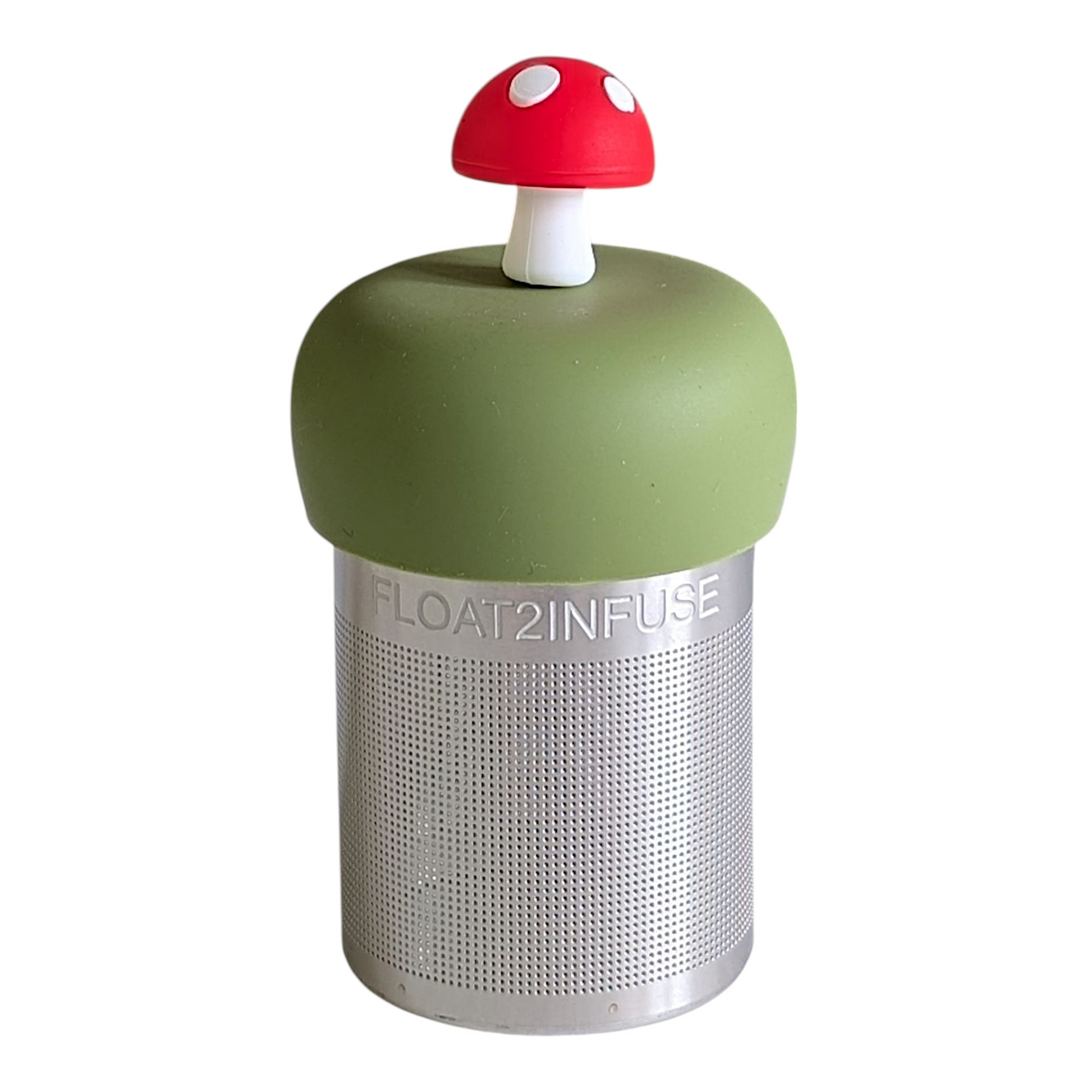 red mushroom tea infuser for loose leaf tea with a fine mesh stainless steel tea strainer that reads FLOAT2INFUSE on a green base with a white background