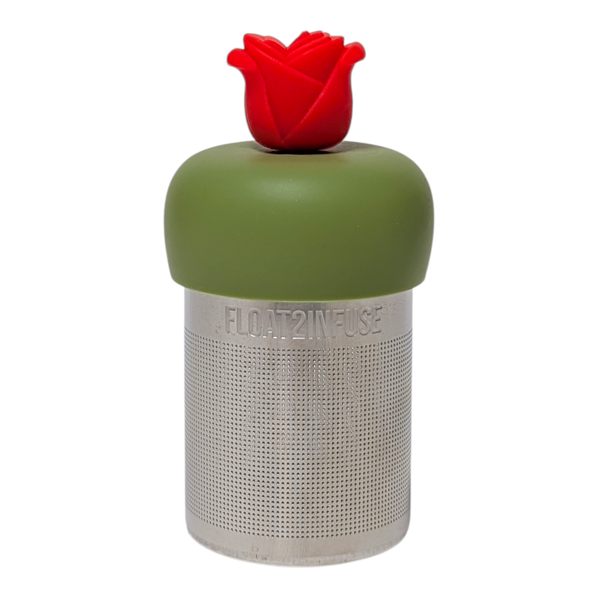 Red rose tea infuser  for loose leaf tea with a fine mesh stainless steel tea strainer that reads FLOAT2INFUSE on a green base with a white background
