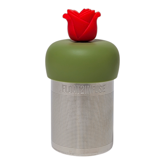 Red rose tea infuser with a green base for loose leaf tea with a fine mesh stainless steel tea strainer that reads FLOAT2INFUSE with a white background