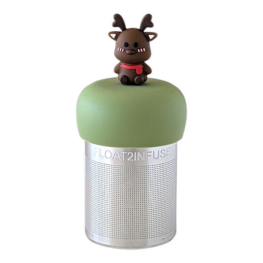 brown reindeer wearing a red scarf tea infuser for loose leaf tea with a fine mesh stainless steel tea strainer  that reads FLOAT2INFUSE on a green base with a white background