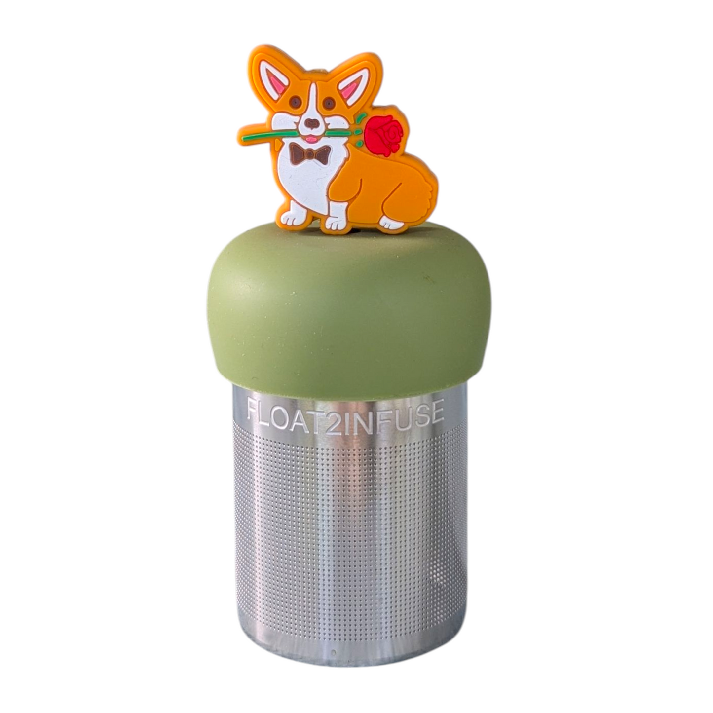 Orange and white corgi dog wearing a bowtie and holding a red rose in his mouth tea infuser for loose leaf tea with fine mesh stainless steel tea strainer that reads FLOAT2INFUSE on a green base with a white background 