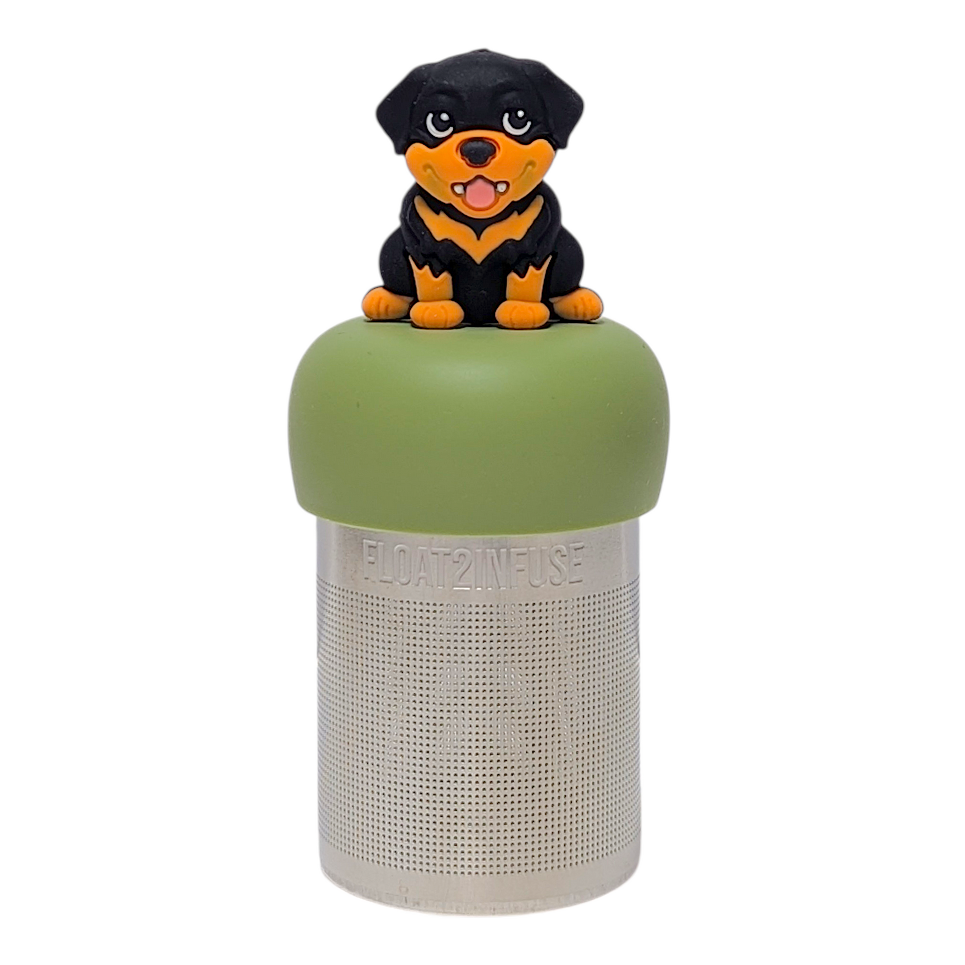 Black and orange rottweiler dog tea infuser with a green base for loose leaf tea with a fine mesh stainless steel tea strainer that reads FLOAT2INFUSE with a white background