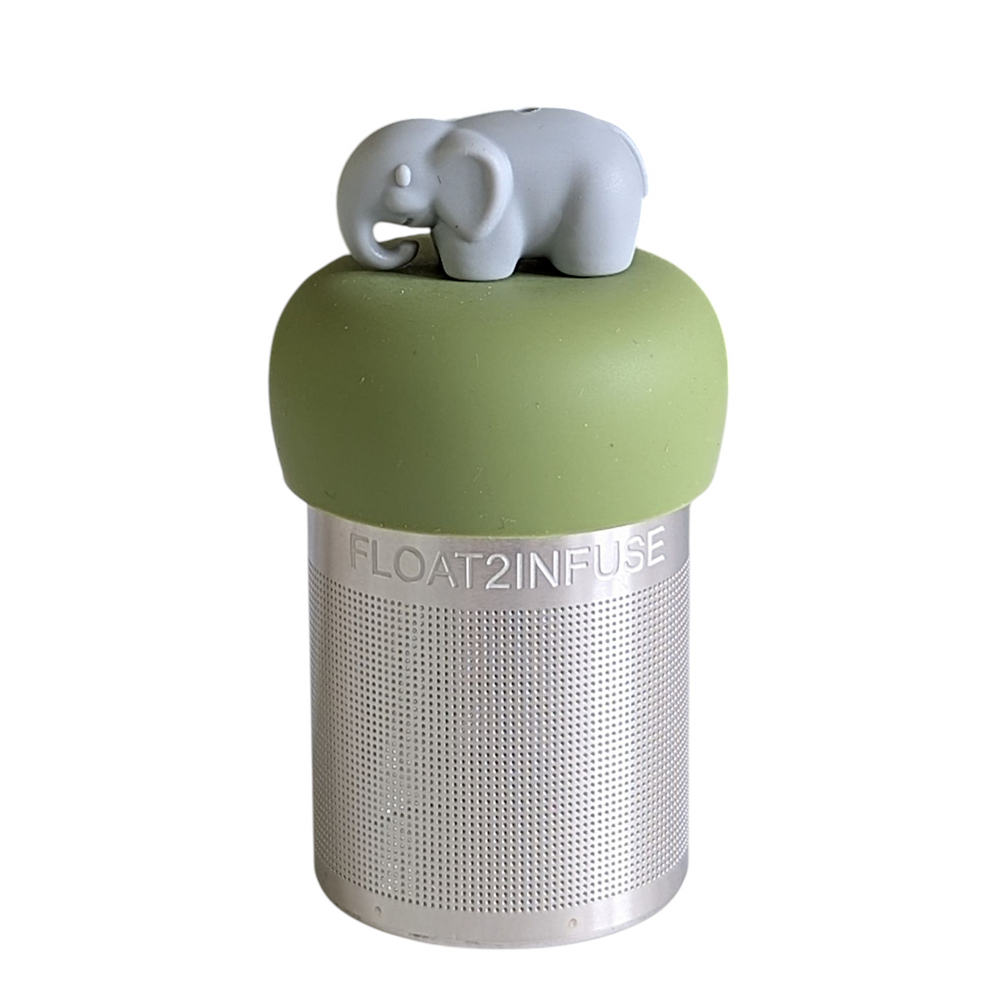 grey elephant animal tea infuser for loose leaf tea with a fine mesh stainless steel tea strainer that reads FLOAT2INFUSE on a green base with a white background