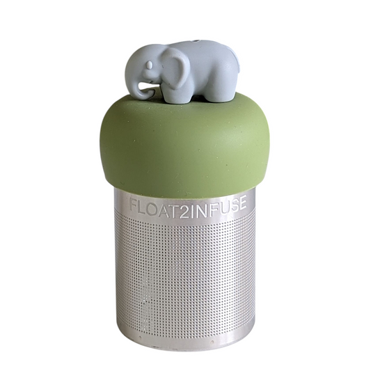grey elephant animal tea infuser for loose leaf tea with a fine mesh stainless steel tea strainer that reads FLOAT2INFUSE on a green base with a white background
