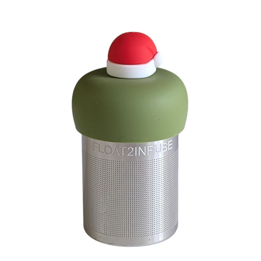 red santa hat with white trim tea infuser for loose leaf tea with a fine mesh stainless steel tea strainer 
that reads FLOAT2INFUSE on a green base with a white background