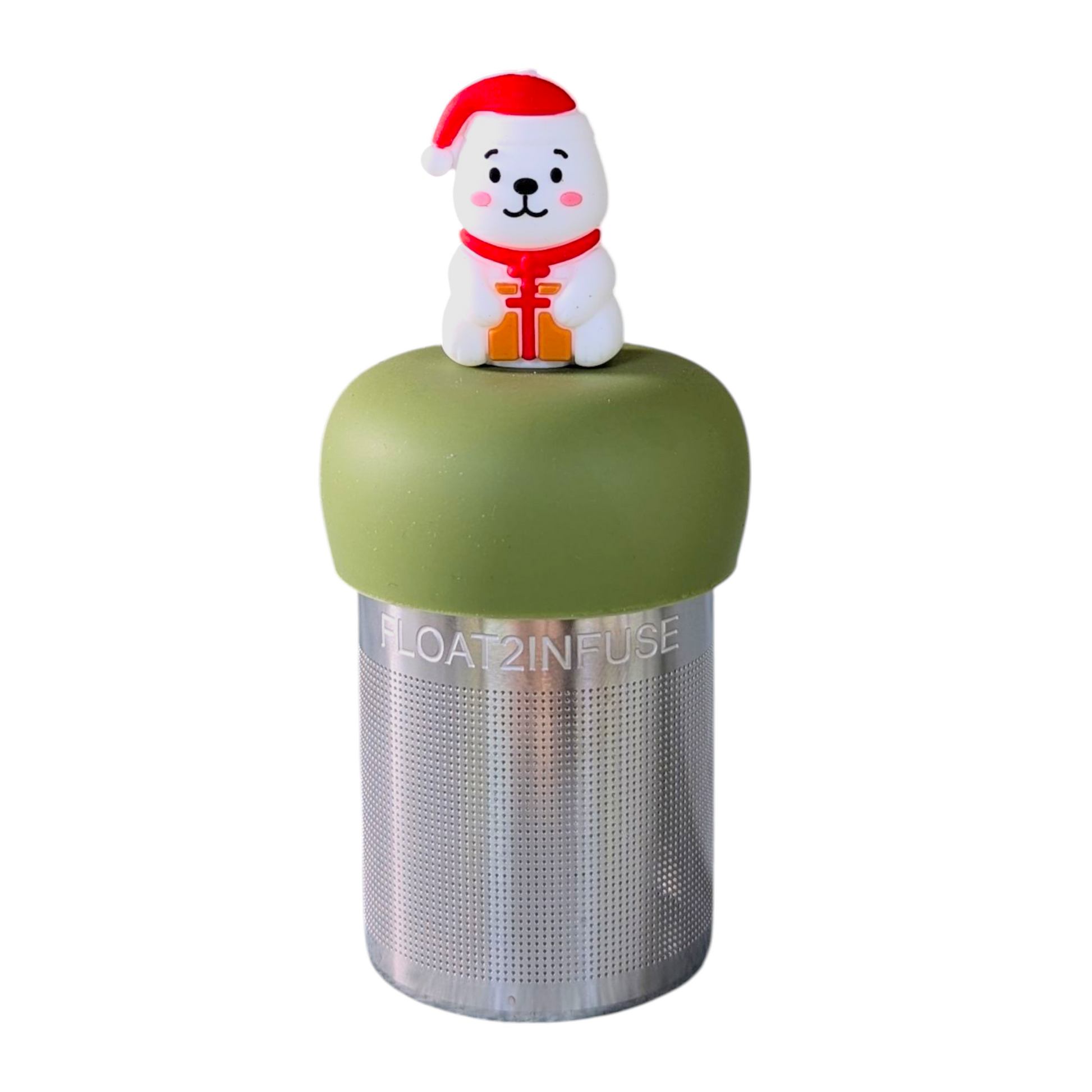 Smiling white polar bear holding a present and wearing a red santa hat tea infuser for loose leaf tea with a fine mesh stainless steel tea strainer that reads FLOAT2INFUSE on a green base  with a white background