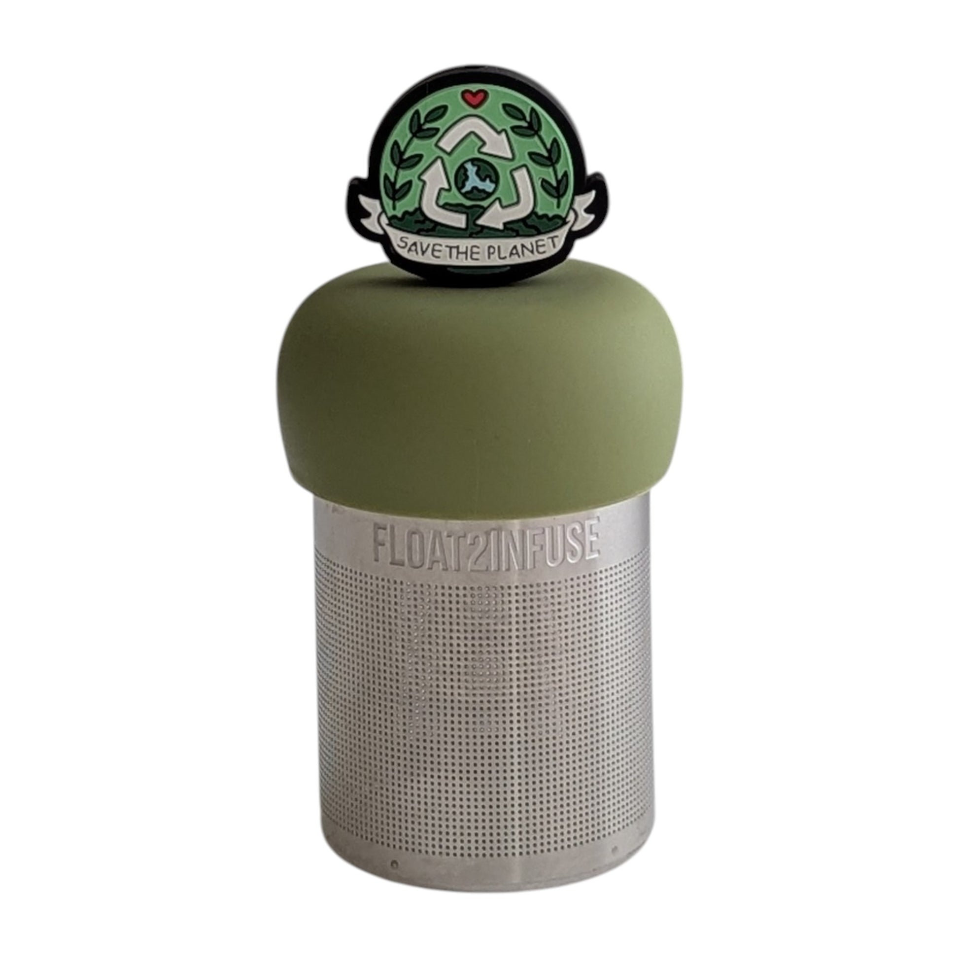 black circle with an image of the earth inside a recycling symbol, and text that reads "save the planet" tea infuser for loose leaf tea  with a fine mesh stainless steel tea infuser that reads FLOAT2INFUSE on a green base with a white background