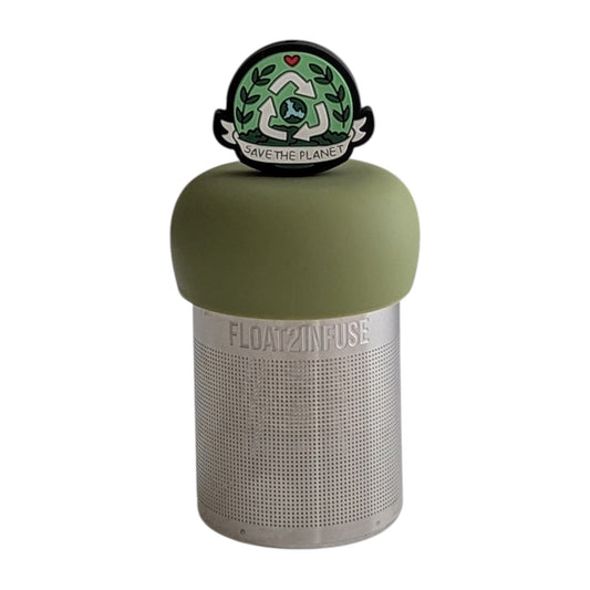 black circle with an image of the earth inside a recycling symbol, and text that reads "save the planet" tea infuser for loose leaf tea  with a fine mesh stainless steel tea infuser that reads FLOAT2INFUSE on a green base with a white background