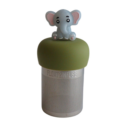 Silver elephant tea infuser for loose leaf tea with a fine mesh stainless steel tea strainer that reads FLOAT2INFUSE on a green base with a white background
