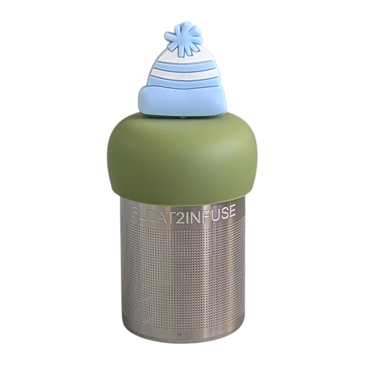 blue and white striped beanie hat tea infuser  for loose leaf tea with fine mesh stainless steel tea strainer that reads FLOAT2INFUSE on a green base with white background