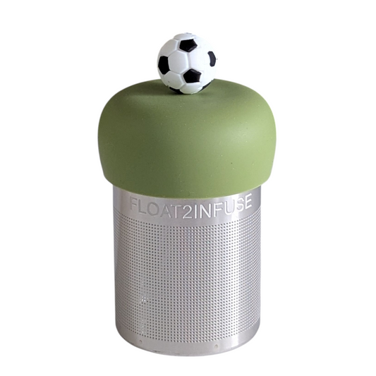 soccer ball tea infuser for loose leaf tea with a fine mesh stainless steel tea strainer that reads FLOAT2INFUSE on a green base with a white background