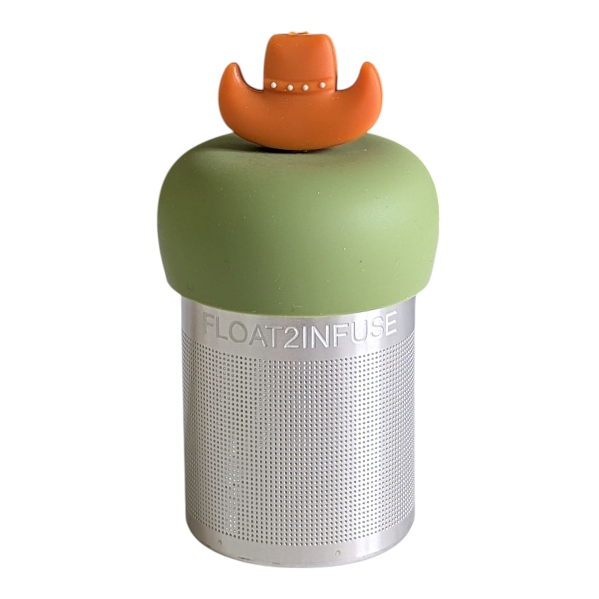 orange sombrero hat tea infuser for loose leaf tea with a fine mesh stainless steel tea strainer that reads FLOAT2INFUSE on a green base with a white background