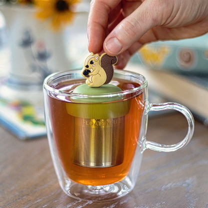 cute squirrel holding an acorn tea infuser for loose leaf tea with a fine mesh stainless steel tea strainer that reads FLOAT2INFUSE on a green base  floating in a glass tea mug 
with books in the background