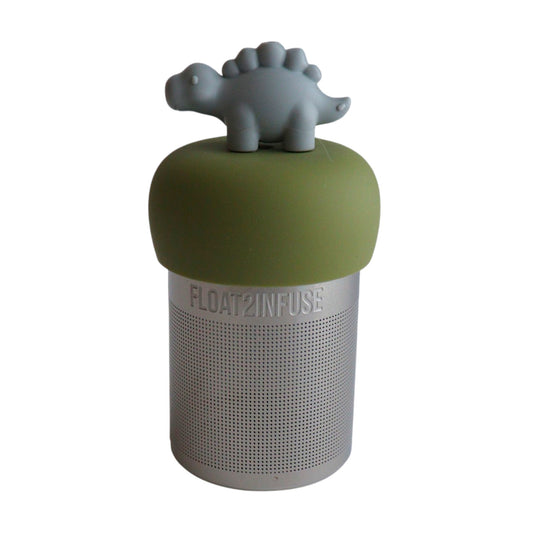Grey stegosaurus dinosaur tea infuser for loose leaf tea with a fine mesh stainless steel tea strainer 
that reads FLOAT2INFUSE on a green base with a white background
