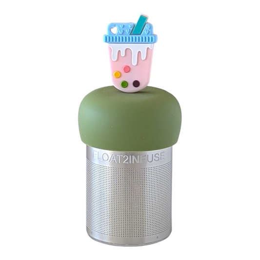 strawberry boba tea with blue lid tea infuser for loose leaf tea with a fine mesh stainless steel tea strainer  that reads FLOAT2INFUSE on a green base with a white background