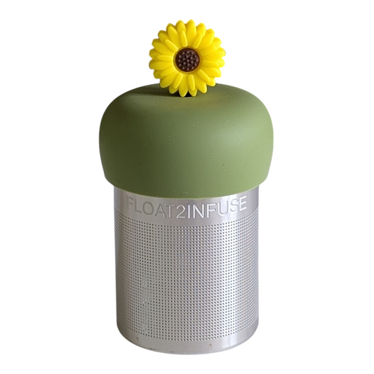 yellow sunflower tea infuser for loose leaf tea with a fine mesh stainless steel tea strainer that reads FLOAT2INFUSE on a green base with a white background