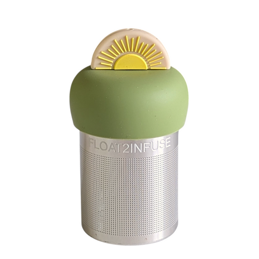 yellow sunrise tea infuser for loose leaf tea with a fine mesh stainless steel tea strainer that reads FLOAT2INFUSE on a green base with a white background