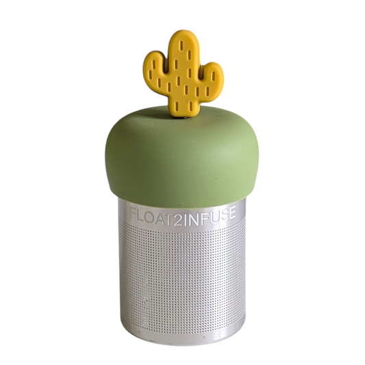 sunset yellow cactus tea infuser for loose leaf tea with fine mesh stainless steel tea strainer that reads FLOAT2INFUSE on a green base with a white background