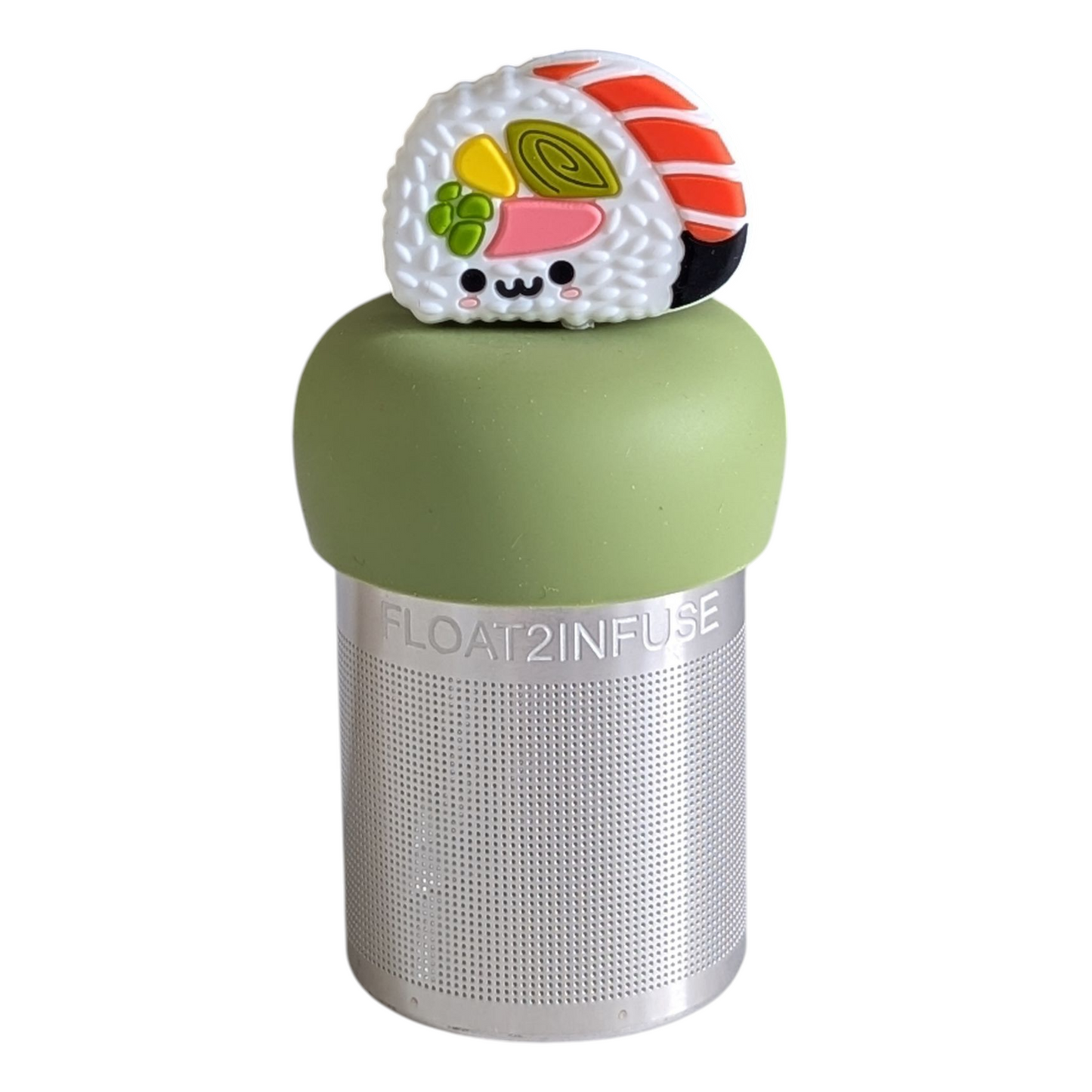 smiling face sushi tea infuser for loose leaf tea with a fine mesh stainless steel tea strainer that reads FLOAT2INFUSE on a green base with a white background