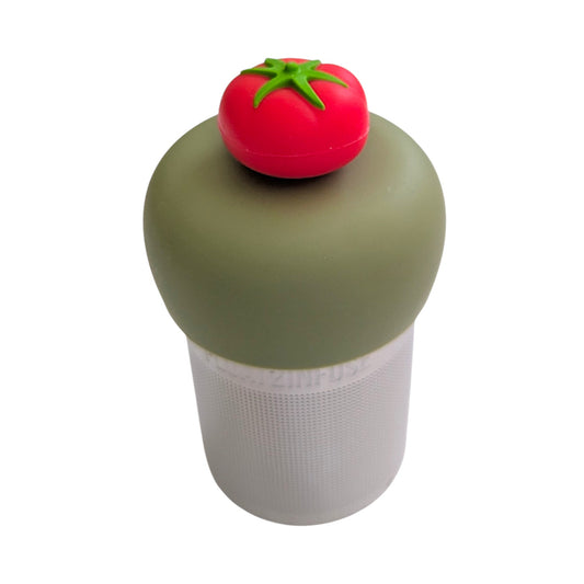 Red tomato with green stem tea infuser for loose leaf tea with a fine mesh stainless steel tea strainer that reads FLOAT2INFUSE on a green base with a white background