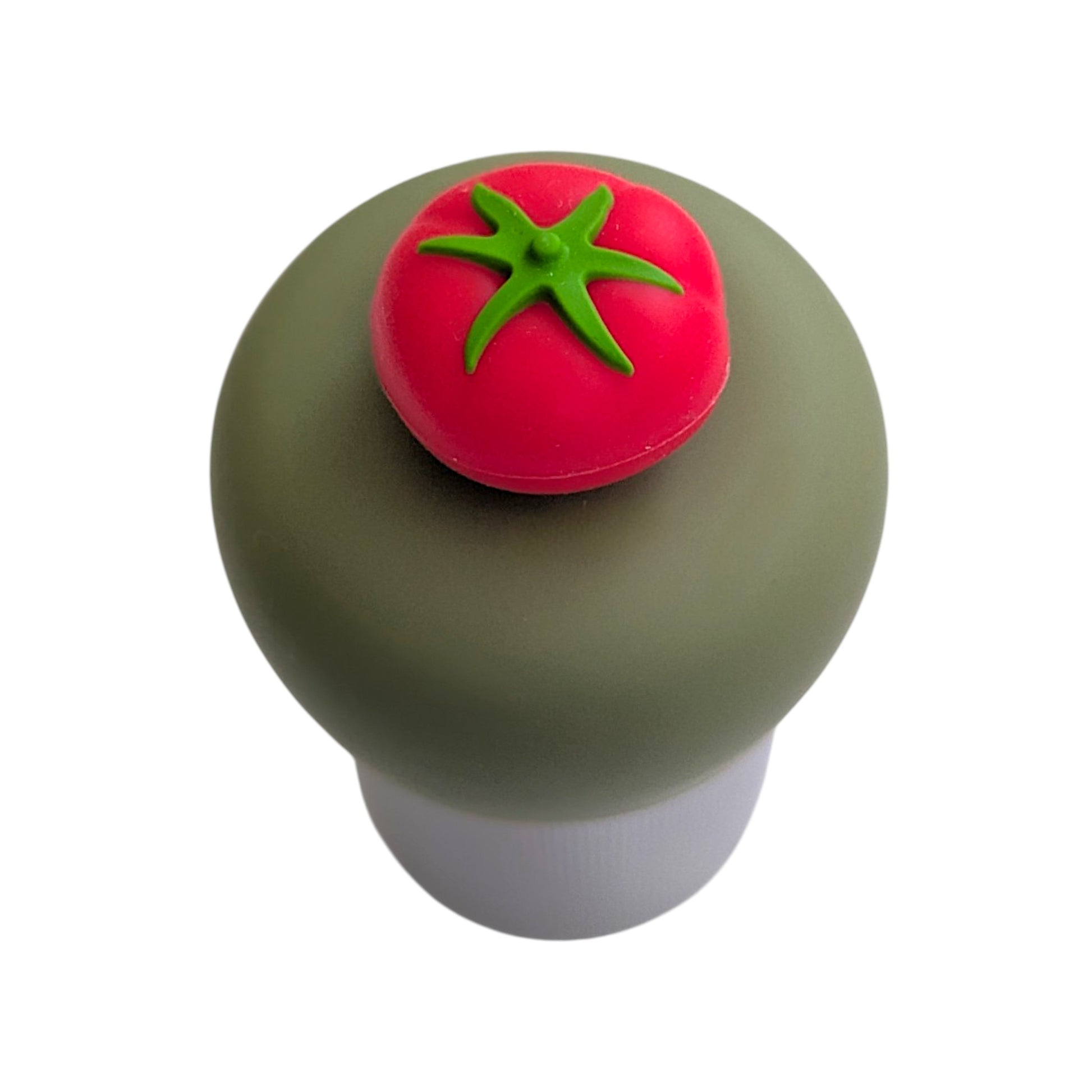 Red tomato with green stem tea infuser for loose leaf tea with a fine mesh stainless steel tea strainer that reads FLOAT2INFUSE on a green base with a white background