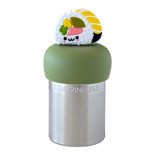 Smiling sushi tea infuser for loose leaf tea with a fine mesh stainless steel tea strainer  that reads FLOAT2INFUSE on a green base with a white background