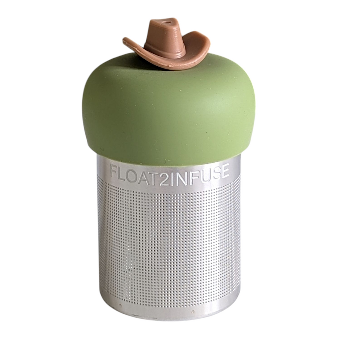 brown cowboy hat tea infuser for loose leaf tea with a fine mesh stainless steel tea strainer that reads FLOAT2INFUSE on a green base with a white background