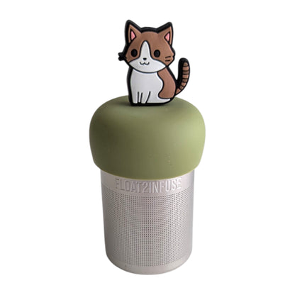 Anime brown and white cat tea infuser for loose leaf tea  with a fine mesh stainless steel tea infuser that reads FLOAT2INFUSE on a green base with a white background