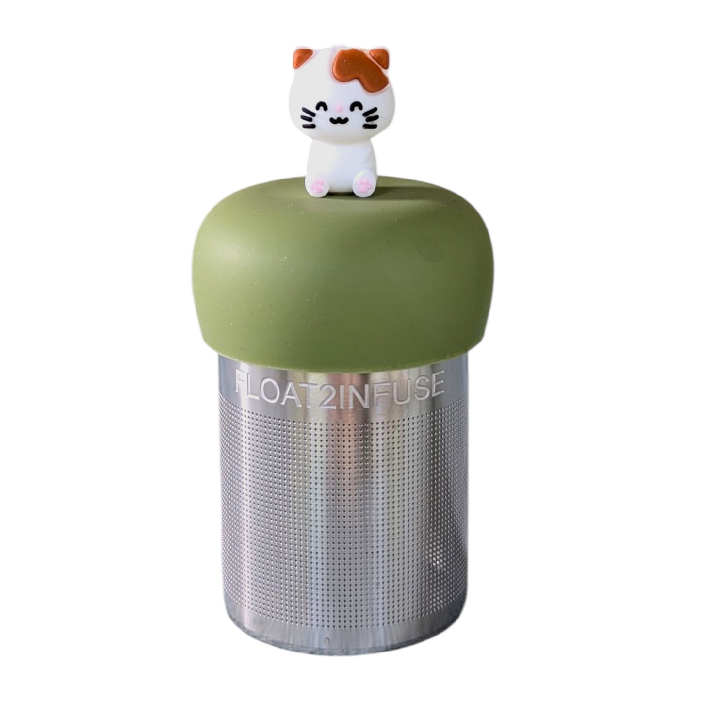 smiling brown and white kitty tea infuser  for loose leaf tea with fine mesh stainless steel tea strainer that reads FLOAT2INFUSE on a green base with a white background