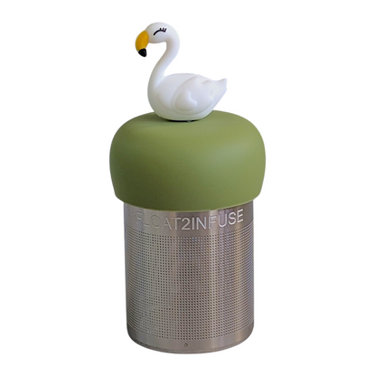 white swan tea infuser  for loose leaf tea with fine mesh stainless steel tea strainer that reads FLOAT2INFUSE on a green base with a white background