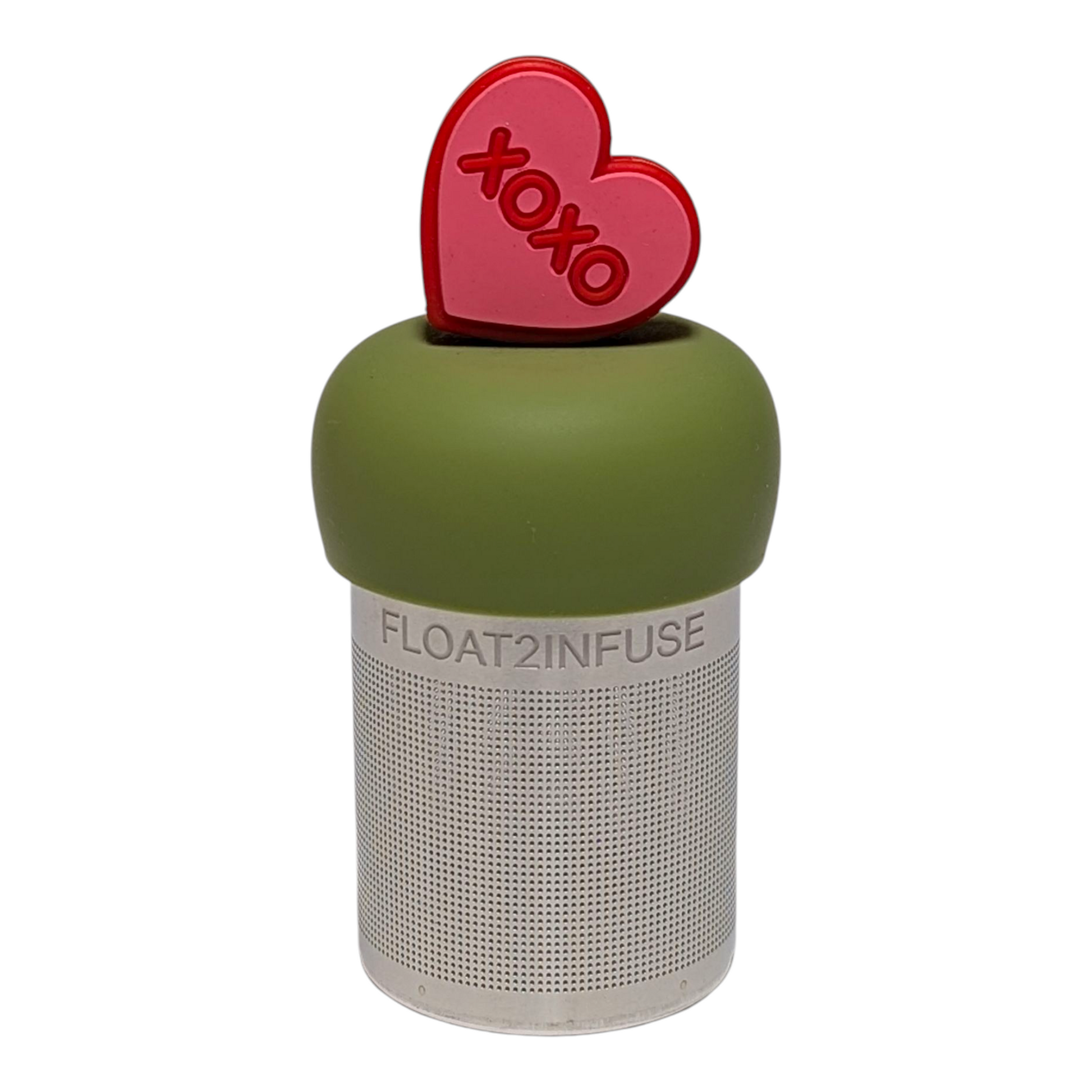 Red and pink heart with text "xoxo" tea infuser for loose leaf tea with a fine mesh stainless steel tea strainer  that reads FLOAT2INFUSE on a green base with a white background