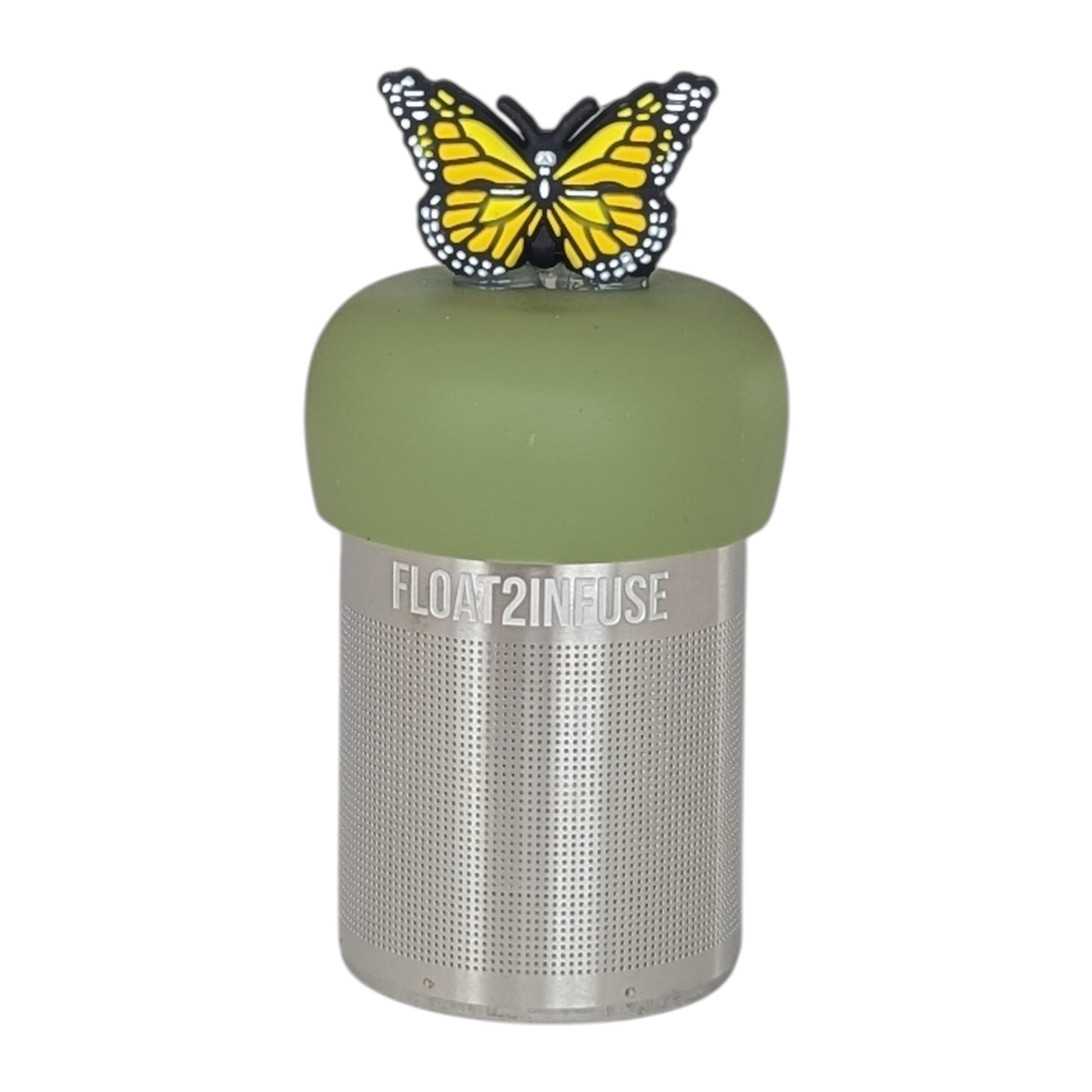Yellow butterfly animal tea infuser for loose leaf tea with a fine mesh stainless steel tea strainer that reads FLOAT2INFUSE on a green base  with a white background