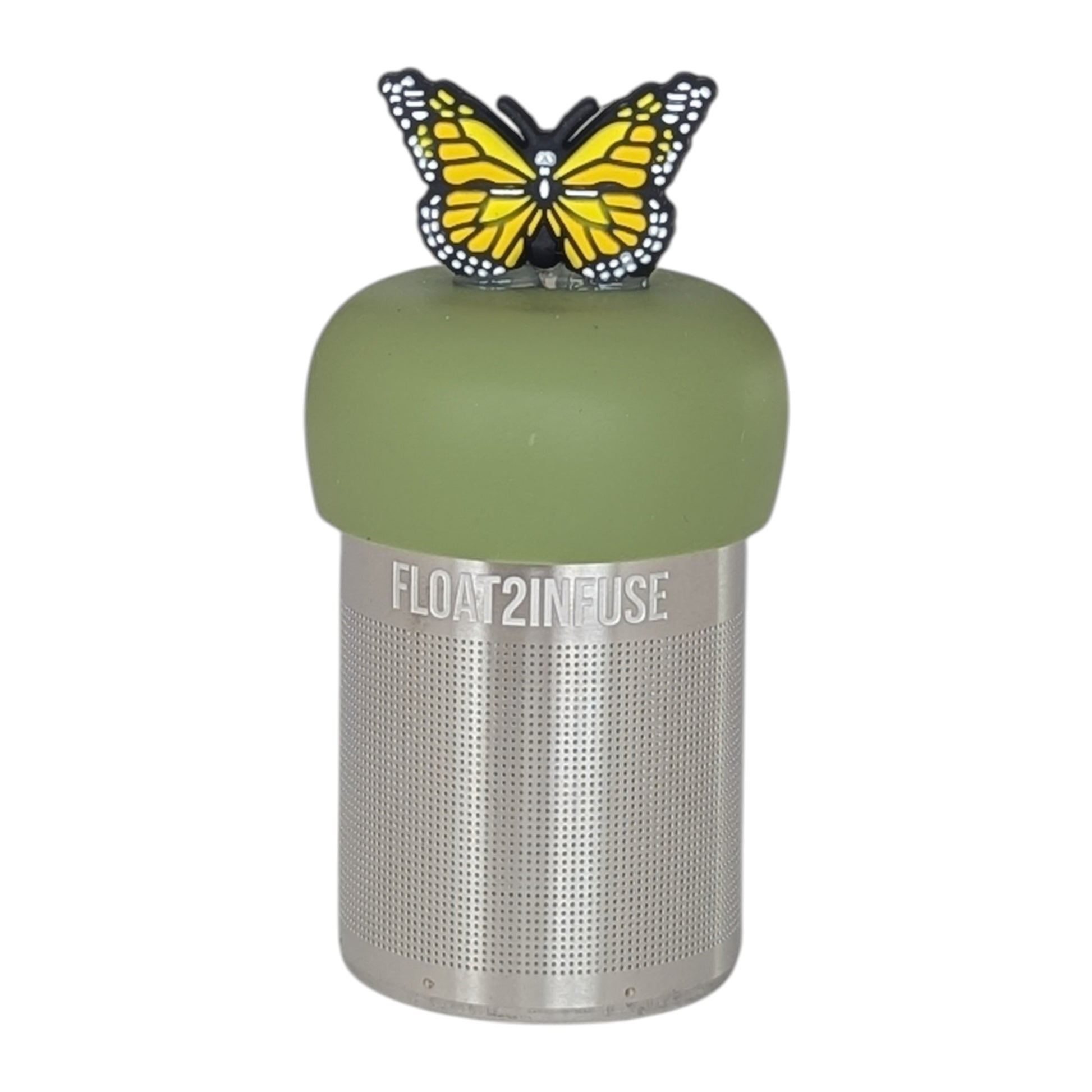 Yellow butterfly animal tea infuser for loose leaf tea with a fine mesh stainless steel tea strainer that reads FLOAT2INFUSE on a green base  with a white background