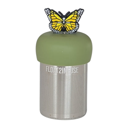 Yellow butterfly animal tea infuser for loose leaf tea with a fine mesh stainless steel tea strainer that reads FLOAT2INFUSE on a green base  with a white background