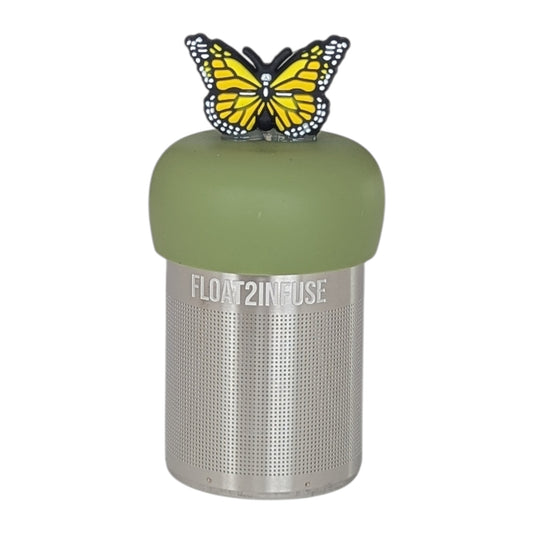 Yellow butterfly animal tea infuser for loose leaf tea with a fine mesh stainless steel tea strainer that reads FLOAT2INFUSE on a green base  with a white background