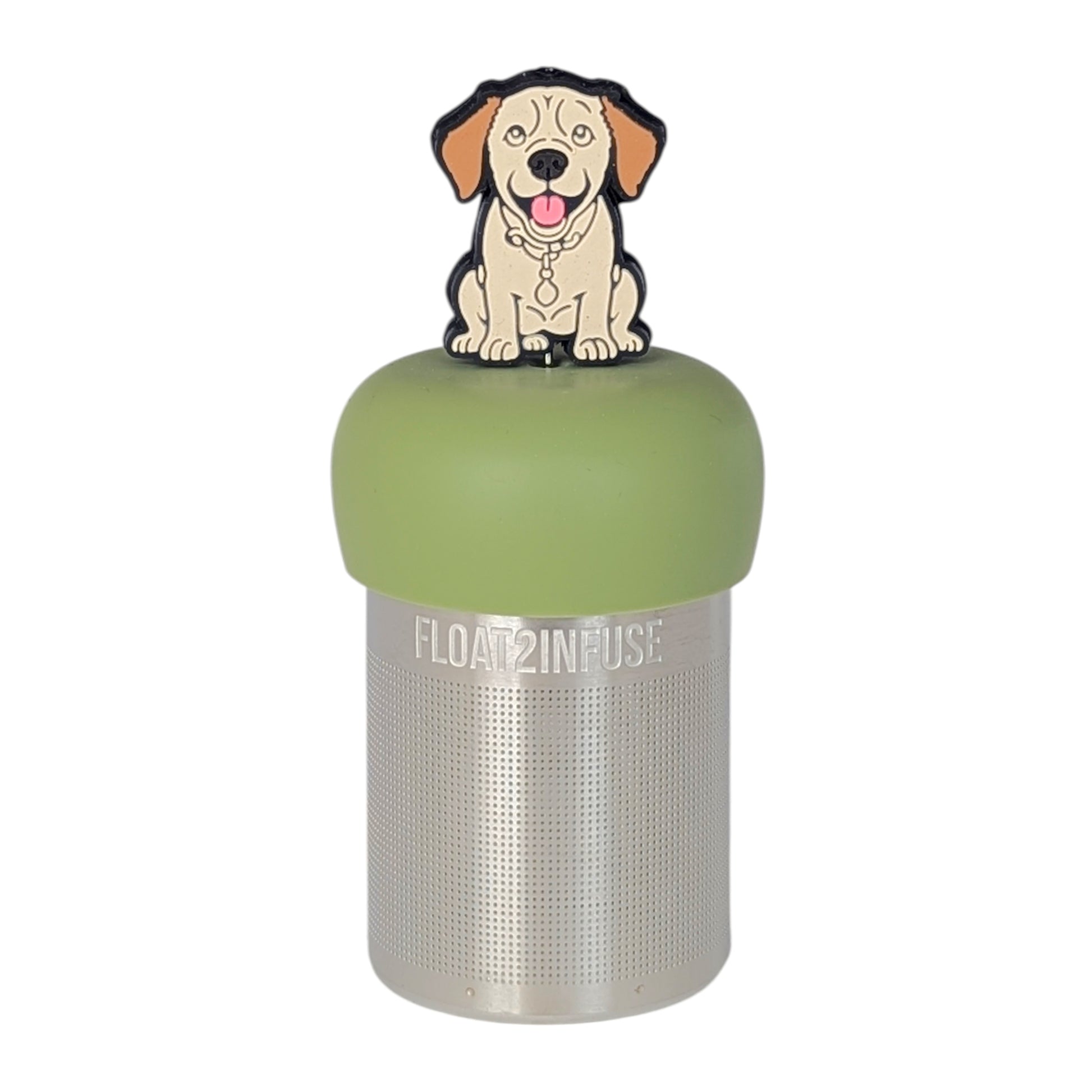 Tan lab dog tea infuser with a green base for loose leaf tea with a fine mesh stainless steel tea strainer that reads FLOAT2INFUSE with a white background