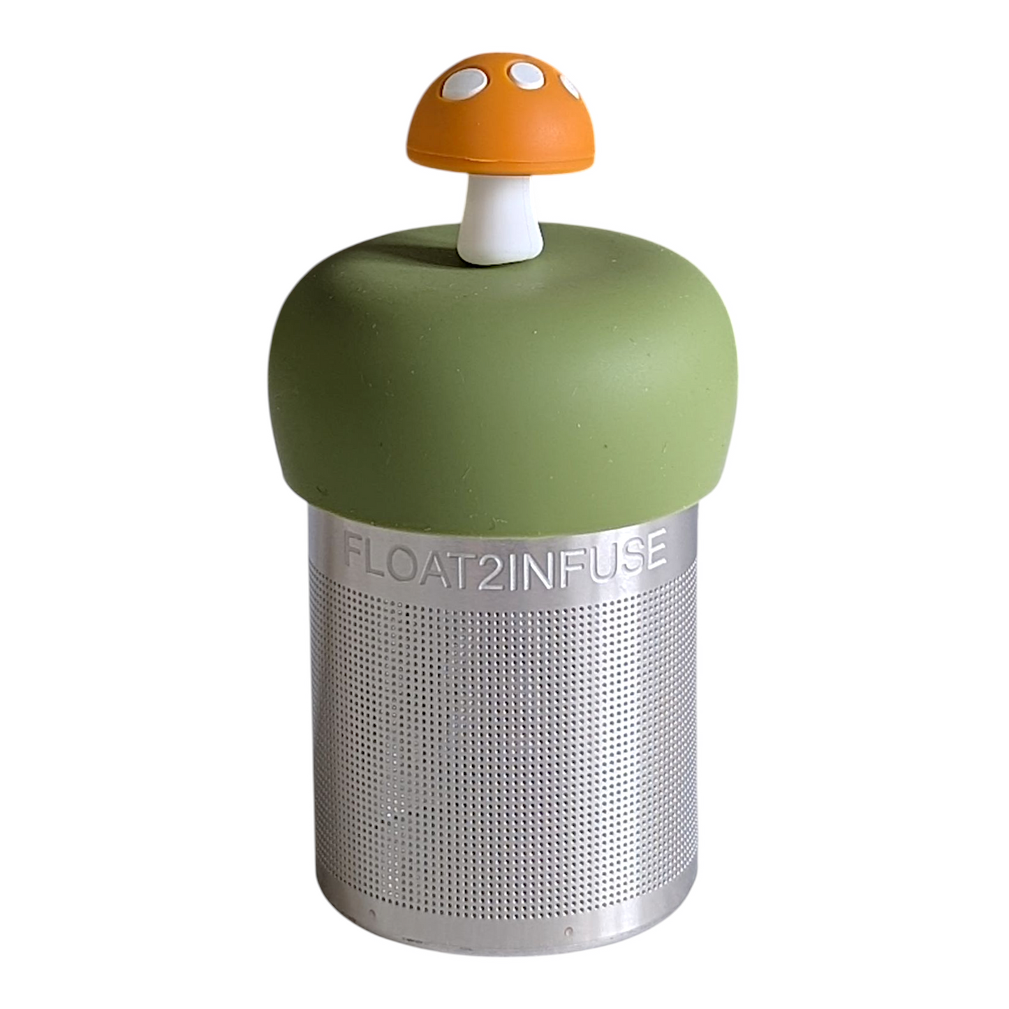 yellow mushroom tea infuser for loose leaf tea with a fine mesh stainless steel tea strainer that reads FLOAT2INFUSE on a green base with a white background