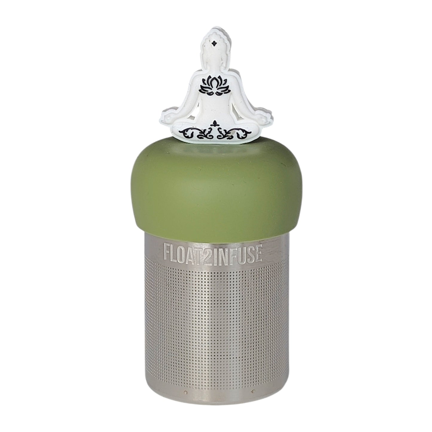 White yogi tea infuser  for loose leaf tea with a fine mesh stainless steel tea strainer that reads FLOAT2INFUSE on a green base with a white background