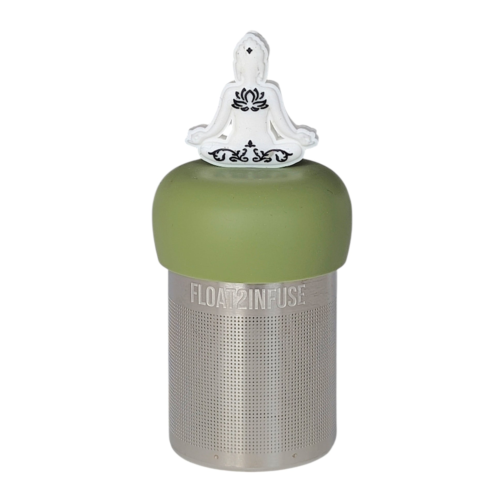 White yogi tea infuser  for loose leaf tea with a fine mesh stainless steel tea strainer that reads FLOAT2INFUSE on a green base with a white background
